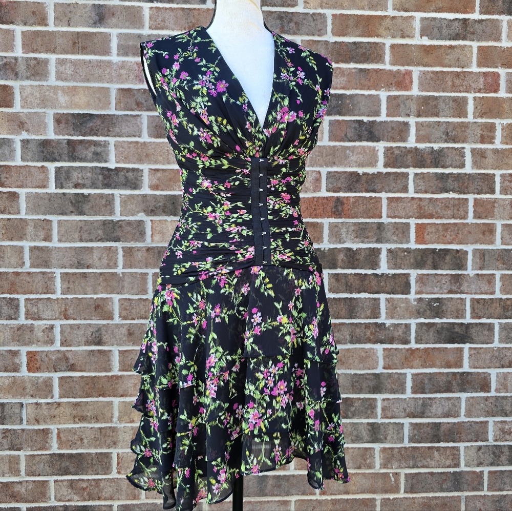Jill Stuart Black Floral High Low Dress | Sleeveless Fit & Flare Size 0